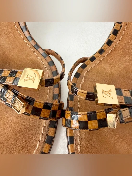LOUIS VUITTON | Damier Check Kitten Heel Mule Sandals Gold LV Charm EU 38.5 Y2K - Picture 7 of 15
